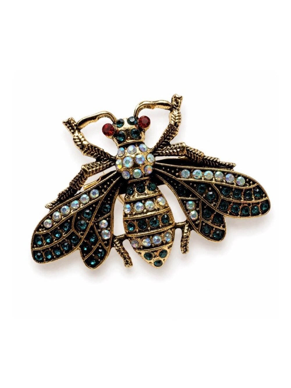 Vintage Style Bee Brooch Gold Green Rhinestone Aurora Borealis Crystal Insect